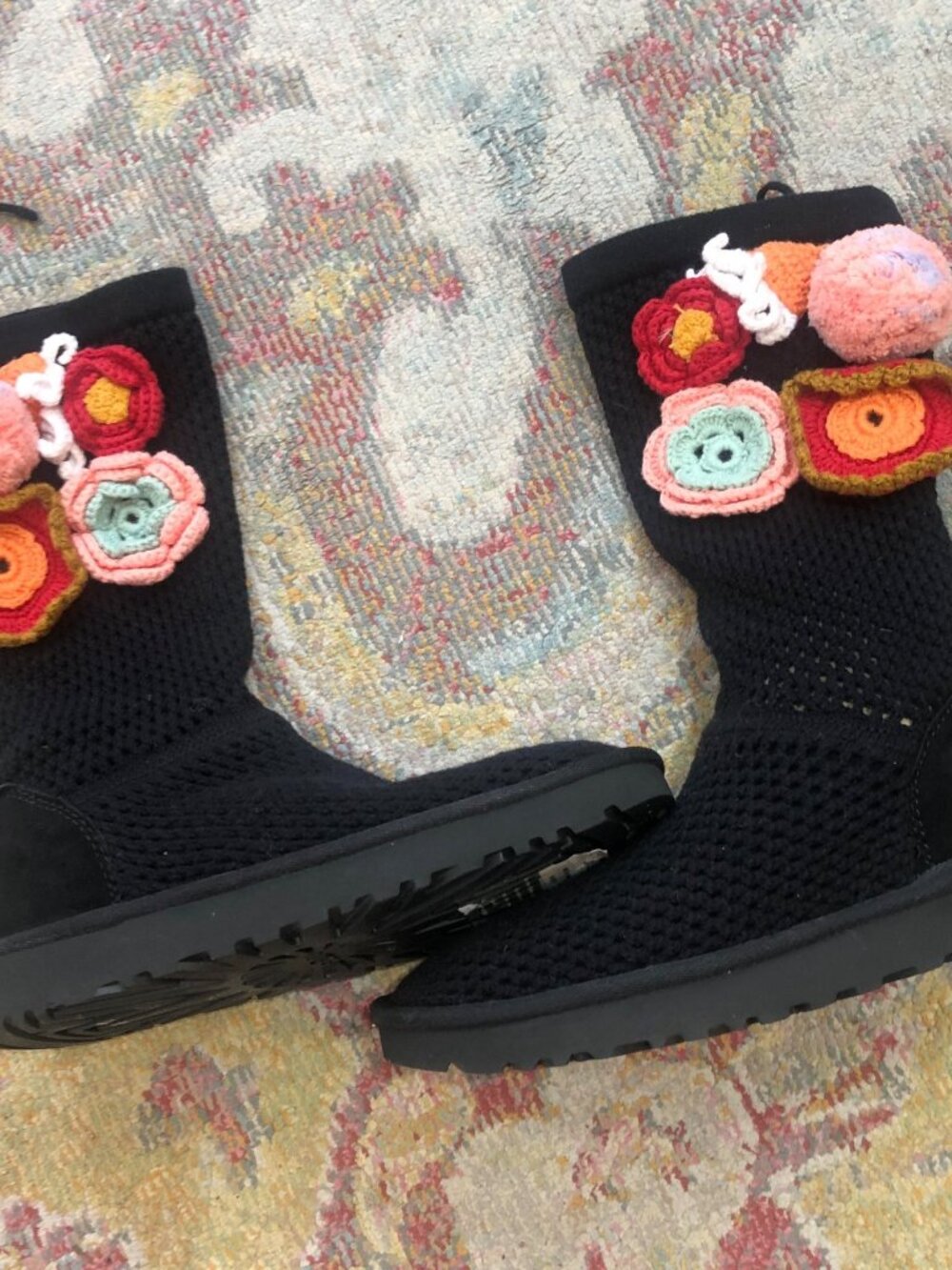 NEW! Ugg Australia Women's Classic Floral Granny Crochet 1095270 Black Boots 7